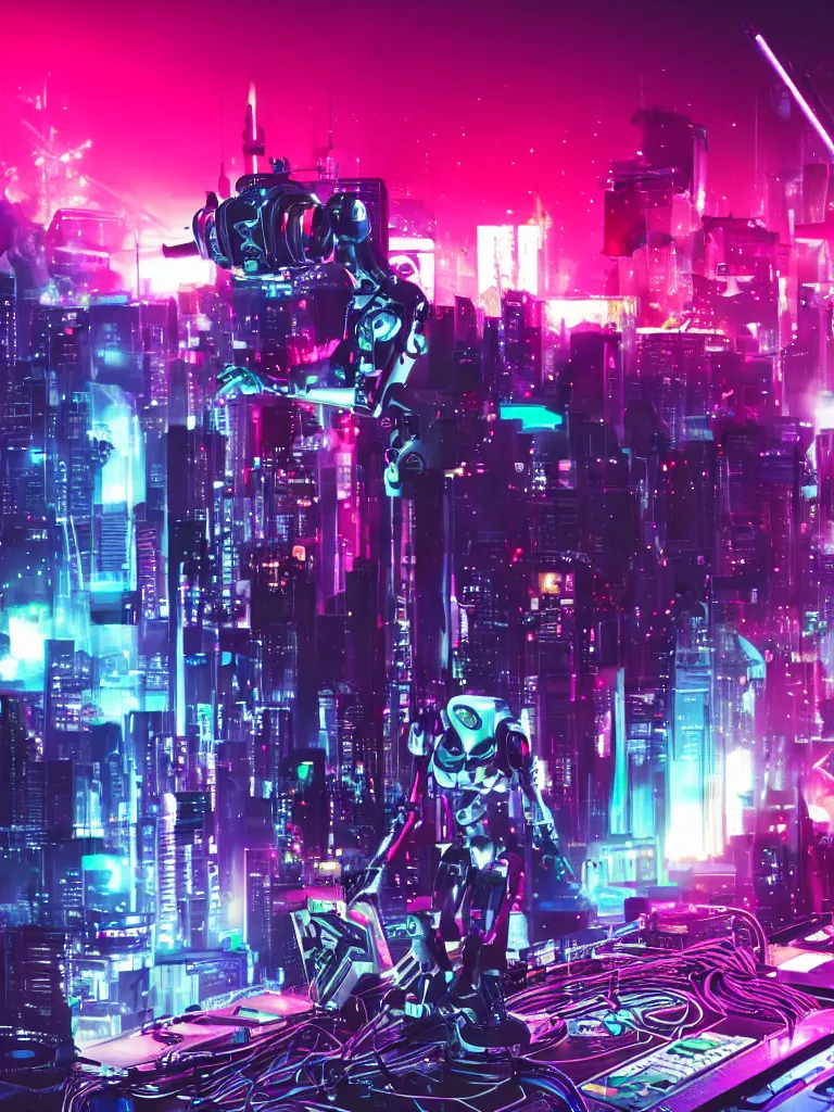 Prompt: Sci-fi robot DJing a synthwave party in a blade runner city