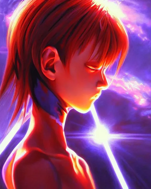 Prompt: neon genesis evangelion, award winning photograph, radiant flares, realism, lens flare, intricate, various refining methods, micro macro autofocus, evil realm magic painting vibes, hyperrealistic painting by michael komarck