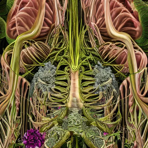 Image similar to a beautiful detailed photo of a full body rotten woman corpse morphing into fractal plants and fractal flowers and mushrooms, muscles, veins, anatomical, intricate, ornate, volumetric light, beautiful lit, midsommar