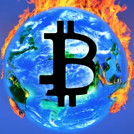 Prompt: earth burning as the bitcoin logo, pollution