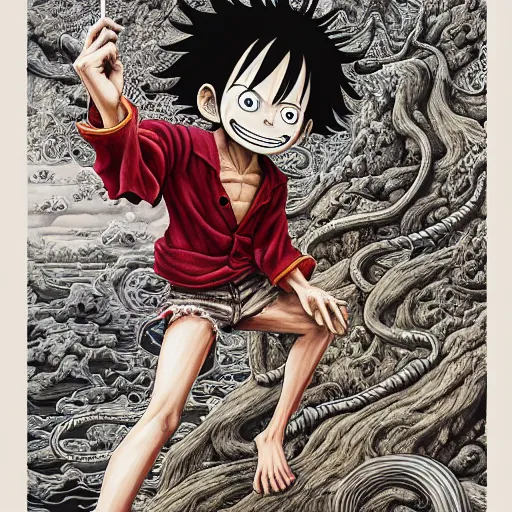 Prompt: beautifil monkey d. luffy painted in jacek yerka aykut aydogdu and leslie zhang style drawn by vania zouravliov and takato yamamoto, intricate acrylic gouache painting, high detail, sharp high detail, artstation, manga and anime