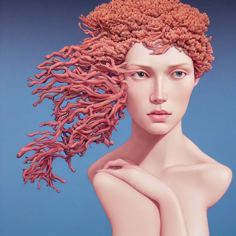 Image similar to portrait of woman with coral!! reef hair. soft light painted by james jean and moebius and erik jones, inspired by mary jane ansell, smooth face feature, intricate oil painting, high detail 3 d render, sharp high detail