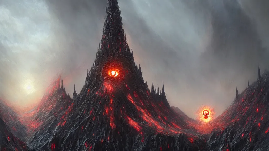 Image similar to flaming eye of sauron above the dark orc tower of barad - dur, by alan lee, michal karcz, smooth details, lord of the rings, game of thrones, smooth, detailed terrain, oil painting, trending artstation, concept art, fantasy matte painting