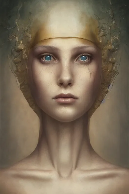 Prompt: portrait of a young woman, neo - surrealism, by tom bagshaw and anna dittman, portrait, 2 4 mm lens, golden ratio composition, detailed face, studio photography, very detailed, abstract expressionism, 8 k, highly coherent