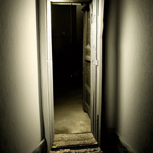 Prompt: a doorway in a dark room with a grungy chromatic gradient of light coming out of the doorway. The door to the doorway is partially closed. Light and dark with an interested color scheme.