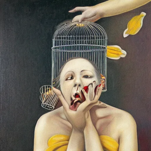 Image similar to A surrealist painting of a woman's head with a birdcage for a mouth