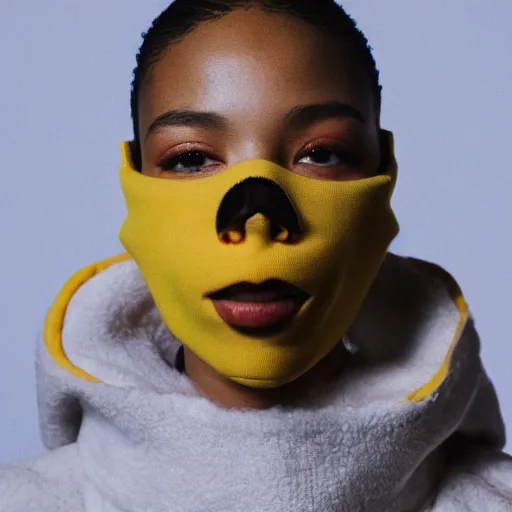 Image similar to realistic! photoshoot for a new balenciaga lookbook, color film photography, portrait of a beautiful woman wearing a balaclava puffer mask, photo in style of tyler mitchell, 35mm lens