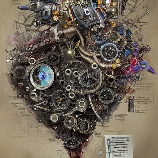 Image similar to a full page concept designs of a robotic heart device powered by magic gems, steampunk blueprint, intricate details, ink on paper, scientific, Highly detailed labeled, poster, peter mohrbacher,