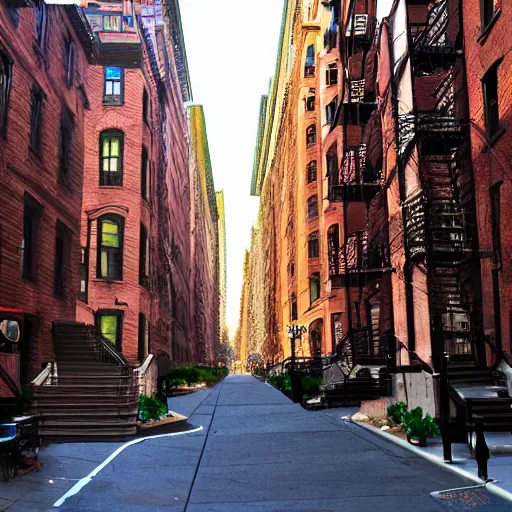 Image similar to nyc upper west side city street, brownstones, photorealistic