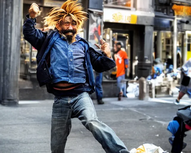 Image similar to a handsome homeless man wins the lottery. the homeless guy jumps in the air like a little girl. he is glowing like goku. realistic image. new york city candid photo