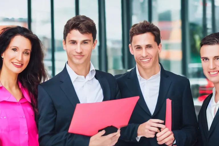 Prompt: photo of a businesswoman with two boyfriends