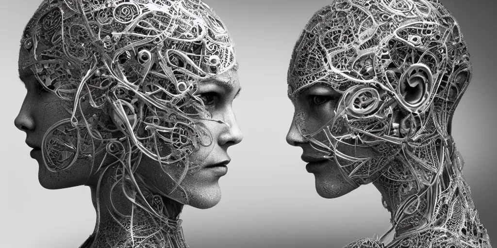 Image similar to hyper realistic photography of a stunningly beautiful cyborg male and woman, intimate, intricate filigree, in the style of beth cavener, jin kagetsu, and wlop, highly detailed, chrome face symmetry, masterpiece, award winning, sharp focus, concept art, high key, ambient lighting, 8 k, octane render,
