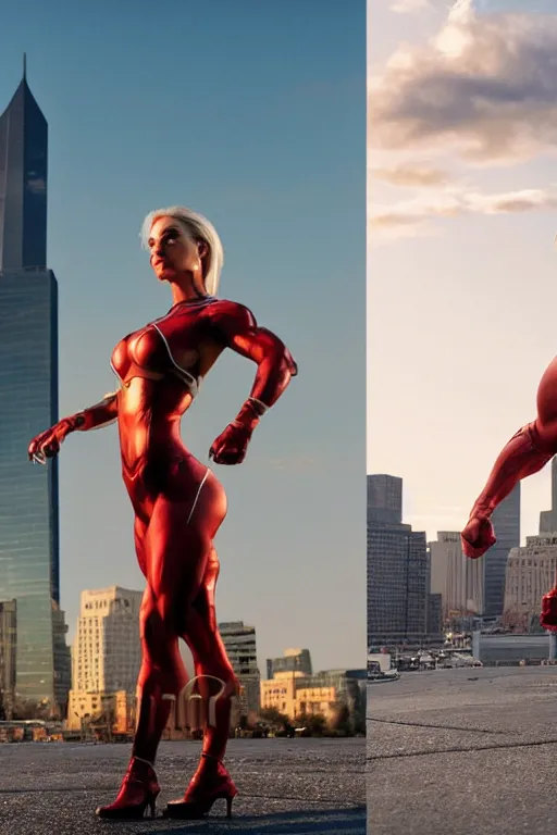 Image similar to VFX movie still frame portrait beautiful DC vs. Marvel hero Lindsey pelas natural skin, hero pose, natural evening light in the city by Emmanuel Lubezki