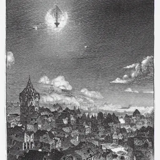 Prompt: medieval town floating in the sky, gustave dore engraving