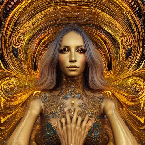 Image similar to psychadelic goddess made of golden marble, beautiful face, hyper detailed, flowing psychadelic background intricate and detailed, ornate 8 k gorgeous intricate detailed, octane render