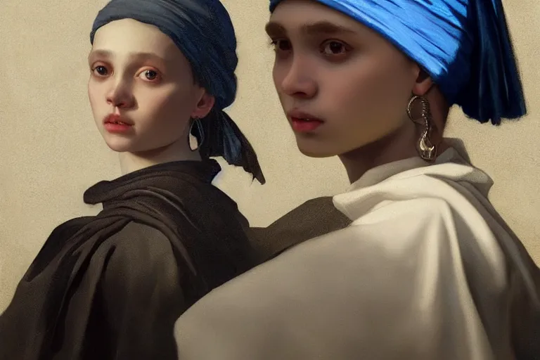 Image similar to Boy with a black pearl earring, portrait, sharp focus, intricate, elegant, digital painting, artstation, matte, highly detailed, concept art, illustration, ambient lighting, art by Vermeer, artgerm, Alphonse mucha, and Greg Rutkowski