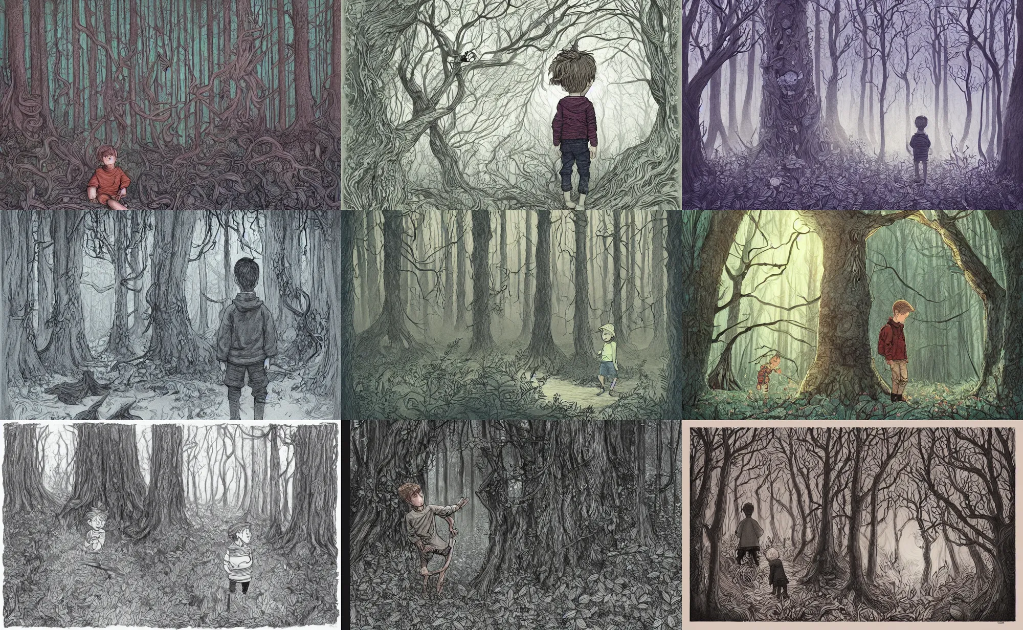 Prompt: book illustration of boy in haunted forest, by beatrice blue, by julia sarda, by loish, by szymon biernacki. dark guache, pastels. pencils. dark. hand drawn. pattern figurative ornament. intricate. detailed, textured, orthoview. artstation instagram behance