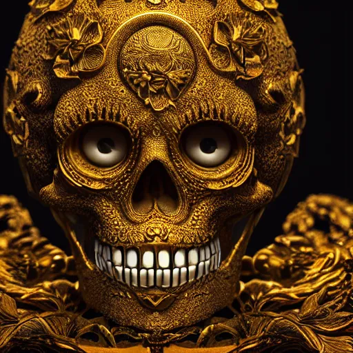 Image similar to a highly detailed photographic render of intricately carved golden sugar skull, intricate golden ornament, gilding, horror, dark fantasy, beautifully lit, ray traced, octane 3D render in the style of Gerald Brom and James Gurney