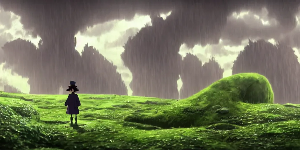 Image similar to a cell - shaded cartoon movie still from howl's moving castle ( 2 0 0 4 ) of a giant green golem in a flooded valley. shafts of sunlight come from above. wide shot, very dull muted colors, hd, 4 k, hq