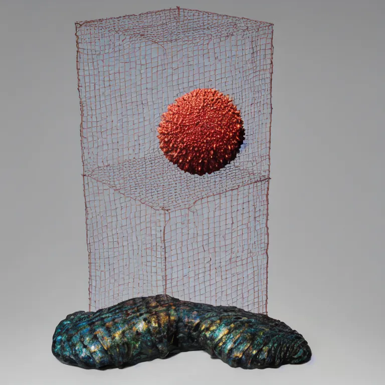 Prompt: hyperrealistic sculpture of a bronze ancient fossilized armored sea urchin snail dusted with opalescent blue and iridescent red spraypaint in a nylon grid cage on a pedestal by ron mueck and duane hanson and lee bontecou, hyperrealistic dramatic colored lighting trending on artstation 8 k
