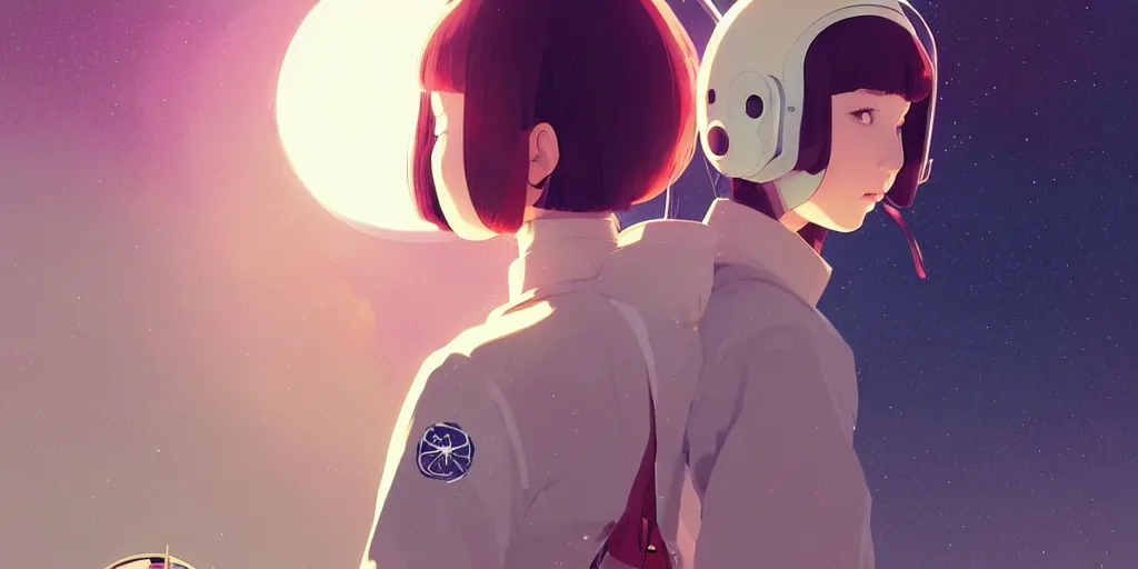 Image similar to portrait of a girl with astronaut helmets by ilya kuvshinov, cloudy sky background lush landscape ln illustration concept art anime key visual trending pixiv by victo ngai fanbox by greg rutkowski makoto shinkai takashi takeuchi studio ghibli