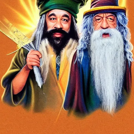 Image similar to Cheech & Chong as Dumbledore and Gandalf, Full-Wizard smock and hat, wizard's chain-necklace and spell scepter