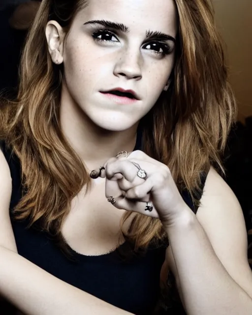 Image similar to A photo of tough looking emma watson. she has wedding rings on his fingers. 50 mm. perfect ring.