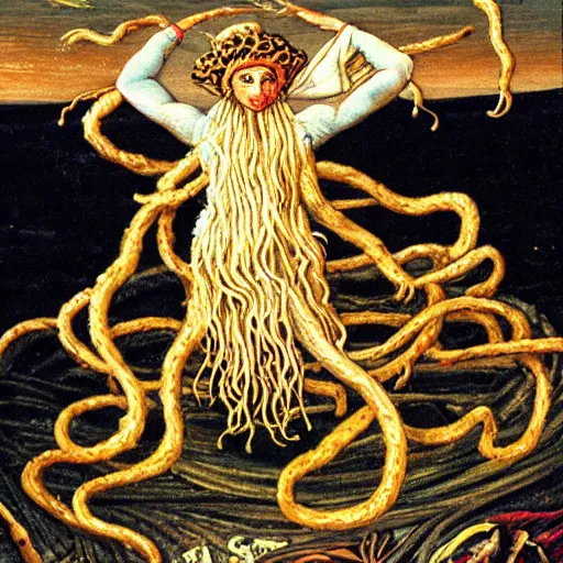 Image similar to worshipping the flying spaghetti monster