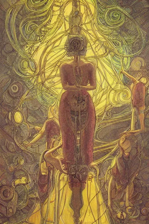 Image similar to realistic portrait of an engineer woman fixing the samsara holy cluster, fine portrait, concept art, stunning, visionary, in the style of ttrpg book illustrations, in the style of brecht evens, in the style of jean delville