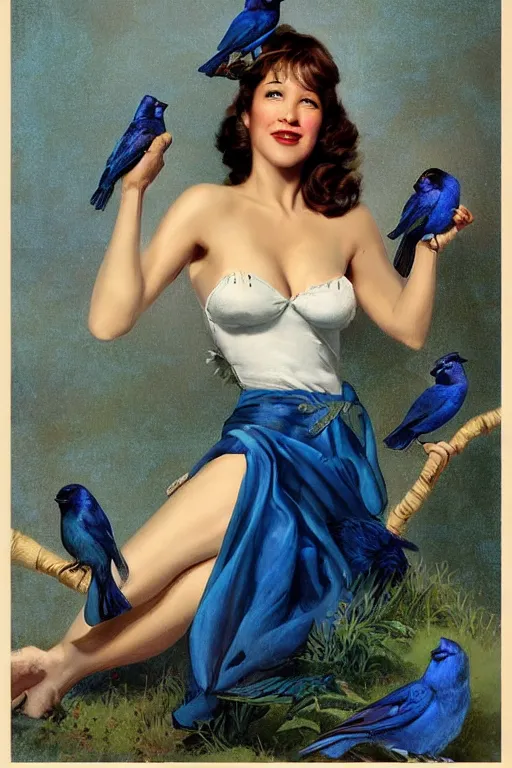 Prompt: portrait of sophie marceau as pinup girl holding an indigo bunting, bird, the bird is wearing a bowtie, by greg rutkowski, rossdraws, gil elvgren, enoch bolles, porcelain skin, glistening, very coherent,