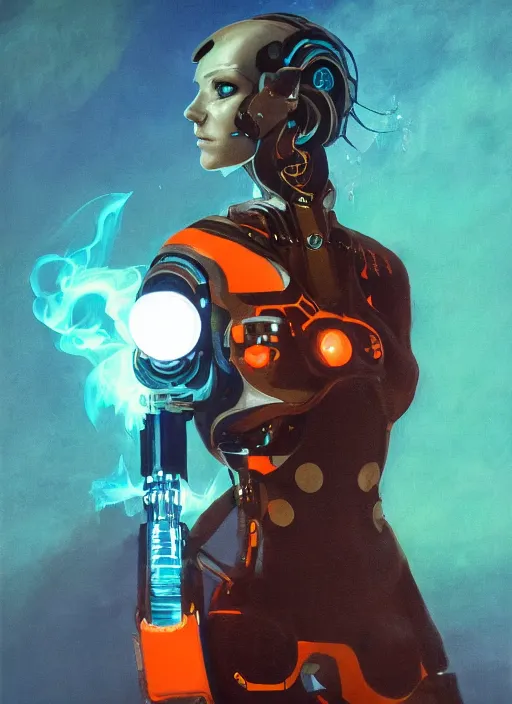 Prompt: symmetry!! dynamic pose! closeup portrait of a cyborg pirate girl, fashion cyborg jumpsuit, shoulder pads, cinematic light, backlight, windy, teal orange, smoke trails, dust particles, by gerald brom, by mikhail vrubel, by peter elson, muted colors, extreme detail, trending on artstation, 8 k