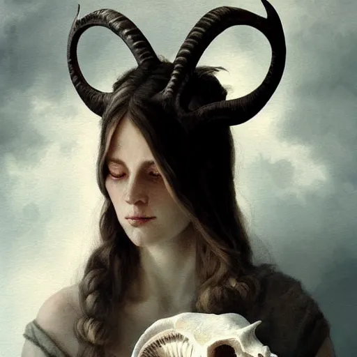 Image similar to woman with goat horns holding an animal skull, style of da vinci, fantasy illustration, by greg rutkowski