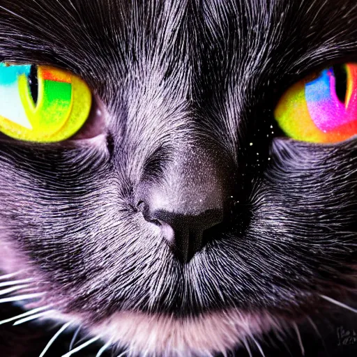 Image similar to a photo of a black cat with ( ( rainbow ) ) glitter, highly detailed, photorealistic, f 2. 8, in - frame, sharpened