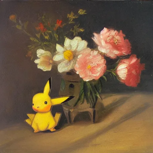 Prompt: Flowers on a bed, oil painting, 1700s, dark background, hidden pikachu