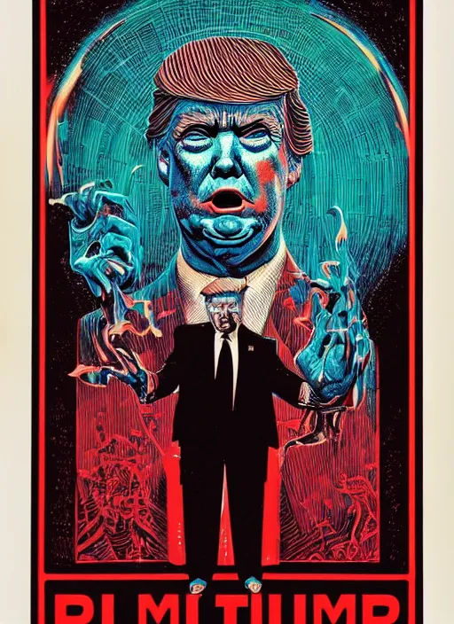 Image similar to risograph of donald trump's grotesque true form revealed, horror, high details, intricate details, by vincent di fate, artgerm julie bell beeple, 1 9 8 0 s, inking, vintage 8 0 s print, screen print