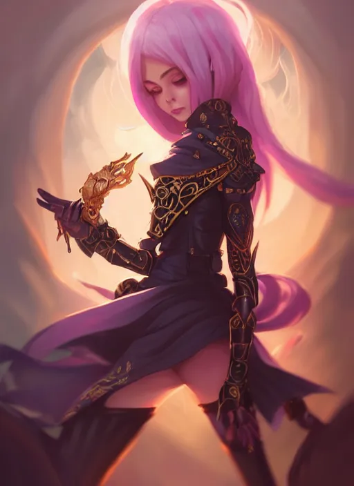 Image similar to beautiful and cool female dark magician, wide angle view, flowers, skulls, black, white, pink, gold colors, shiny, highly detailed, artgerm, cushart krenz, artstation, soft light, sharp focus, illustration, character design, concept art