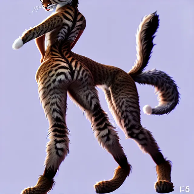 Image similar to the full body of anthropomorphic lynx fursona from behind wearing a steampunk suit as unimaginably beautiful, gorgeous, elegant, young woman with lynx head, an ultrafine hyperdetailed illustration by furaffinity, intricate linework, white fur, unreal engine 5 highly rendered, global illumination, radiant light, detailed and intricate environment