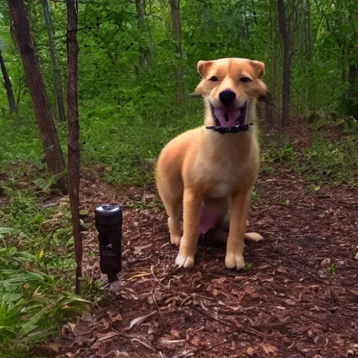 Image similar to trail cam footage of a anthropomorphic puppy smoking a cigar