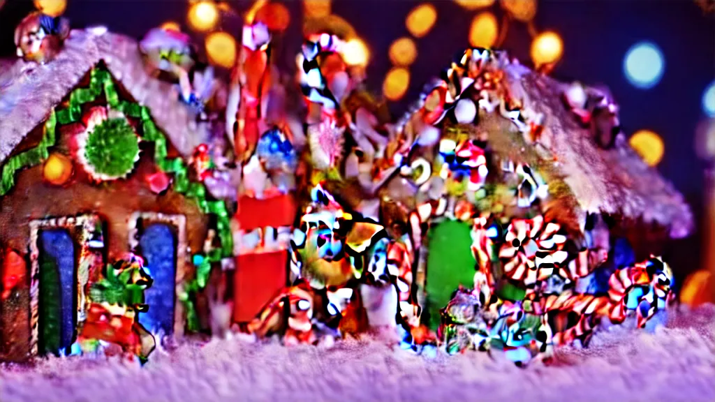 Image similar to closeup of colorful miniature gingerbread house village at night, gingerbread people, candy canes, forest, christmas, snow, bokeh, depth of field 1 0 0 mm, cinematic scene, studio quality, visually stunning, unreal engine, octane render