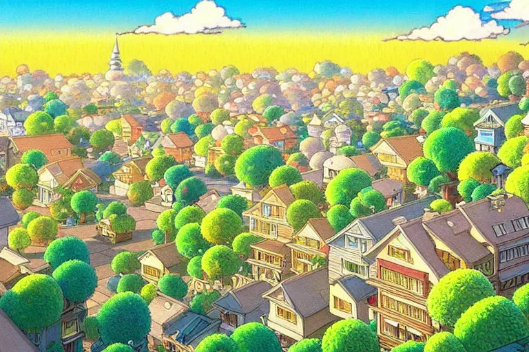 Image similar to an elaborate painting of a peaceful neighborhood, detailed, by studio ghibli!!!!!!!!!!! beautiful golden hour, anime, masterpiece