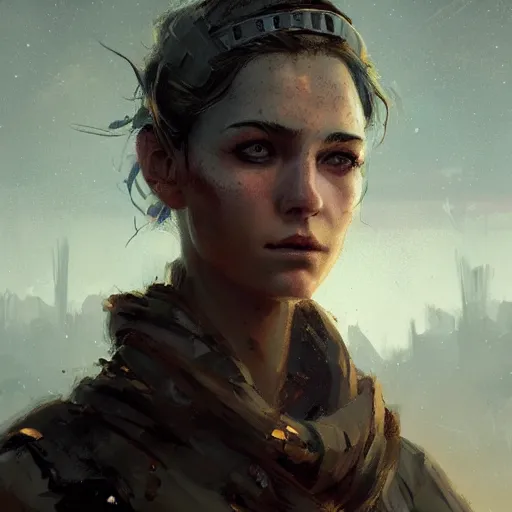 Image similar to a portrait of a very beautiful woman with sad face, post apocalyptic earth in the background as seen by greg rutkowski, dark theme, enchanted, warm colors, high quality, waw, trending on artstation