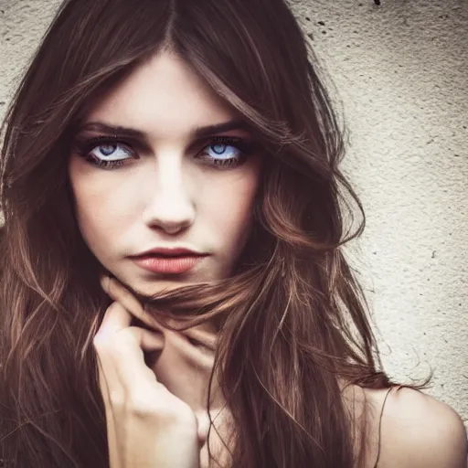 Prompt: fashion model long brown hair fix blue eyes looking into lens heavy bokeh modern fashion look