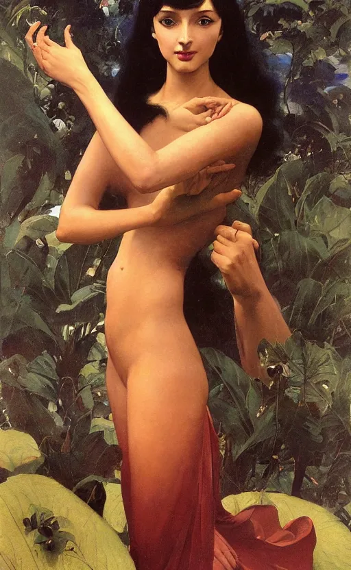 Prompt: a oil painting of a fair skin with dark hair queen in a metallic dress, by bruce pennington, by eyvind earle, by bouguereau by nicholas roerich, by frank frazetta, by georgia o keeffe, by dean cornwell, highly detailed, realistic, concept art, jewels, tiles curtains, oriental, desaturated