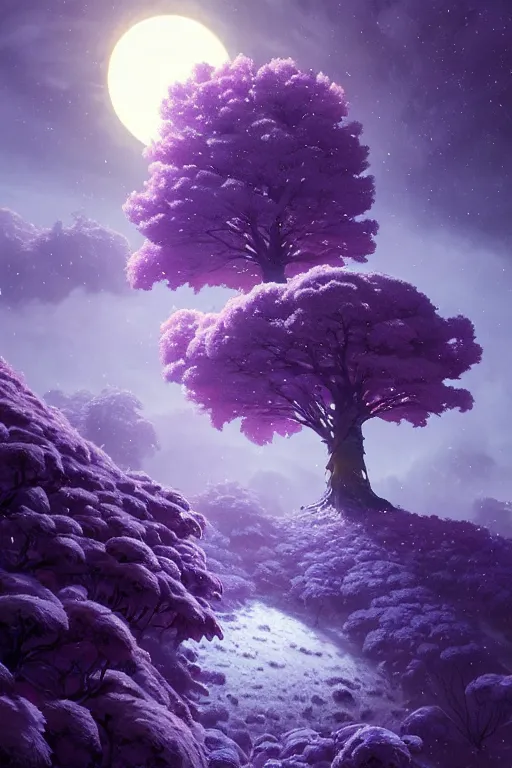 Prompt: giant tree in snow with purple flowers on surface of the moon, unreal engine, fantasy art by greg rutkowski, loish, rhads, ferdinand knab, makoto shinkai and lois van baarle, ilya kuvshinov, rossdraws, tom bagshaw, global illumination, radiant light, detailed and intricate environment