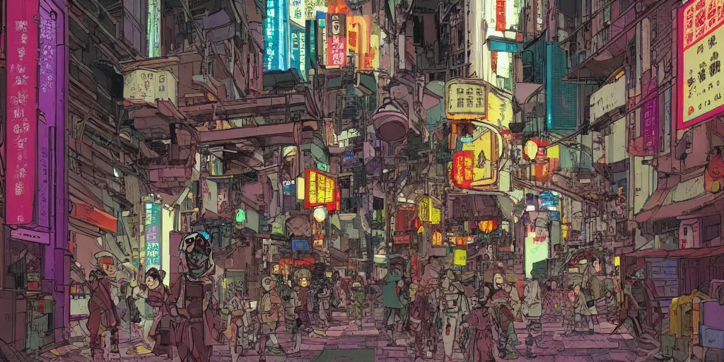 Image similar to a cyberpunk hong kong alley with robots and humans walking around by moebius, takashi murakami color palette, clear details