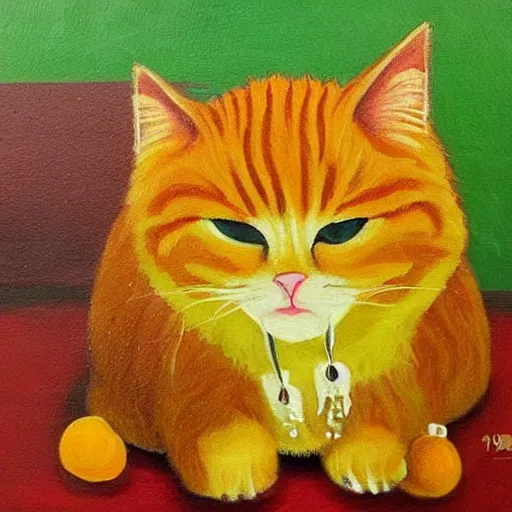 Prompt: katzuan manguan paka, painting of a cute fluffy orange green cat