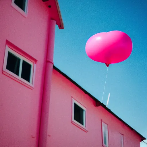 Prompt: a 5 0 mm lens photograph of a cute pink floating house, floating by tiny vibrant ballons, inspired by the movie up. mist, playful composition canon, nikon, award winning, photo of the year