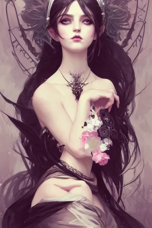 Prompt: portrait of radical lolita girl, dreamy and ethereal, dark eyes, peaceful expression, ornate goth dress, dark fantasy, chaotic, elegant, black crows flying, highly detailed, digital painting, artstation, concept art, smooth, sharp focus, illustration, art by artgerm and greg rutkowski and alphonse mucha