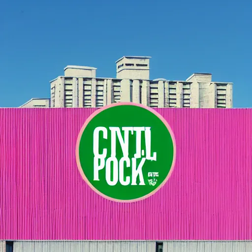 Image similar to “logo for Central Pork, pig, weeds, tall building, pink and green”