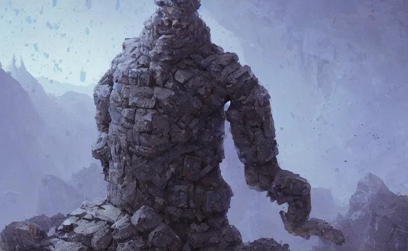 Image similar to a golem made from translucent crystals, high in the mountains, greg rutkowski, 8 k, shallow depth of field, intricate detail, concept art,